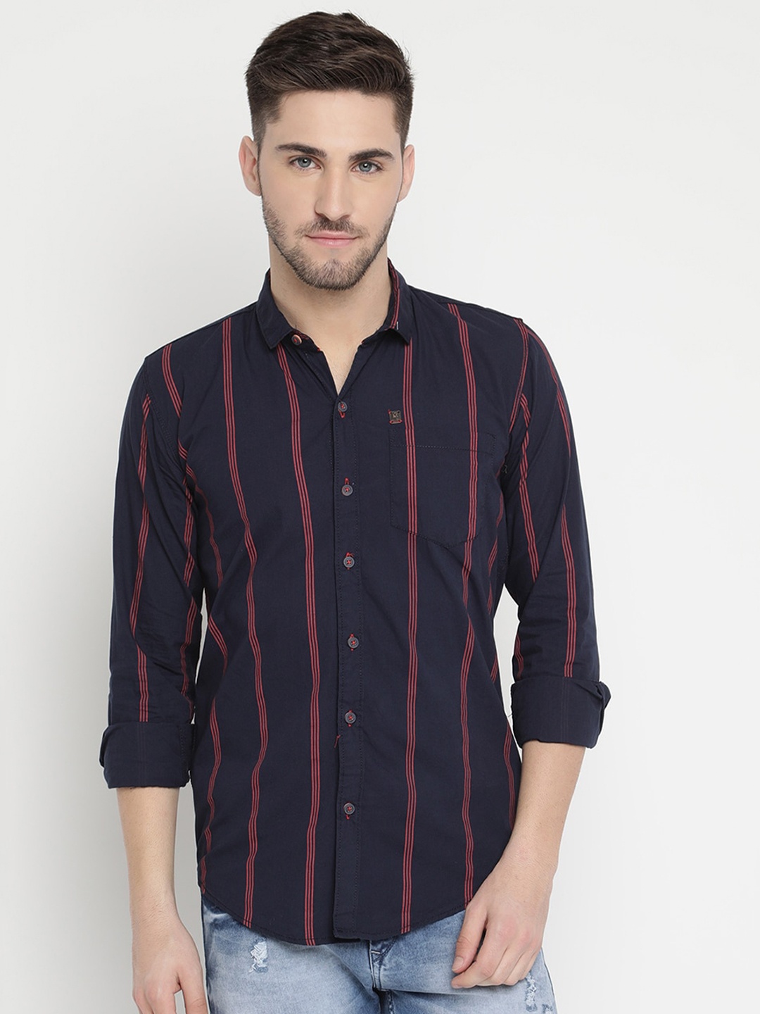 

V2 Value & Variety Men Navy Blue & Pink Striped Cotton Casual Shirt