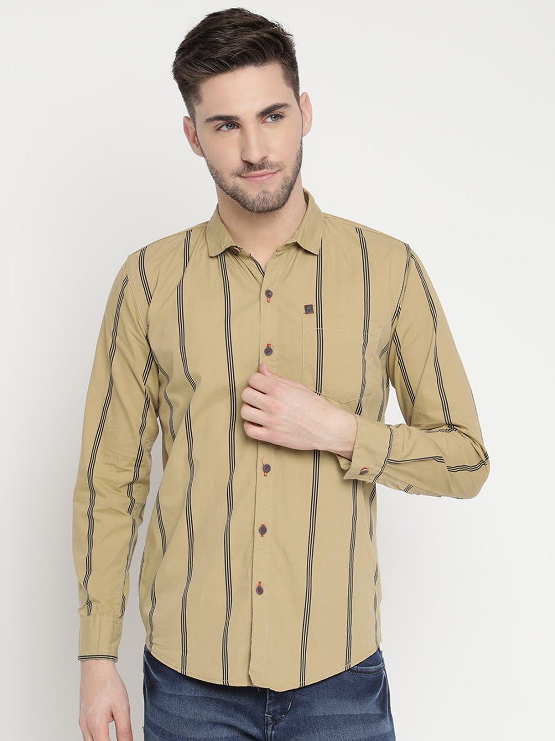 

V2 Value & Variety Men Khaki Striped Cotton Casual Shirt