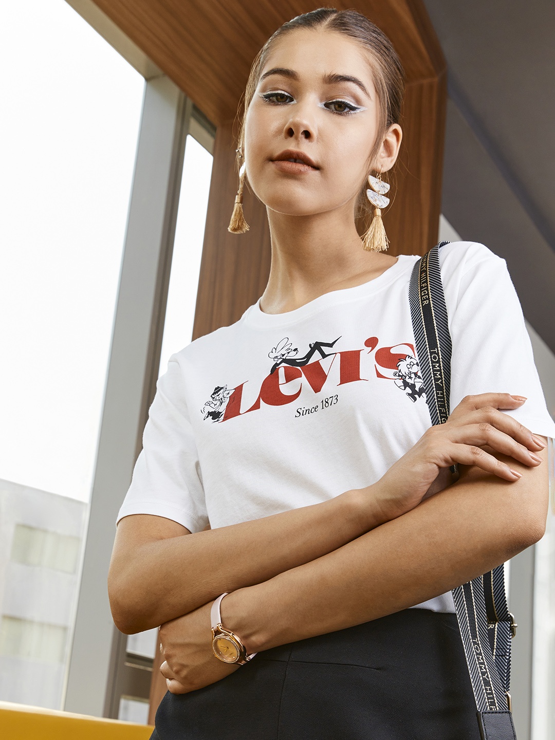 

Levis Women White Brand Logo Printed Pure Cotton T-shirt