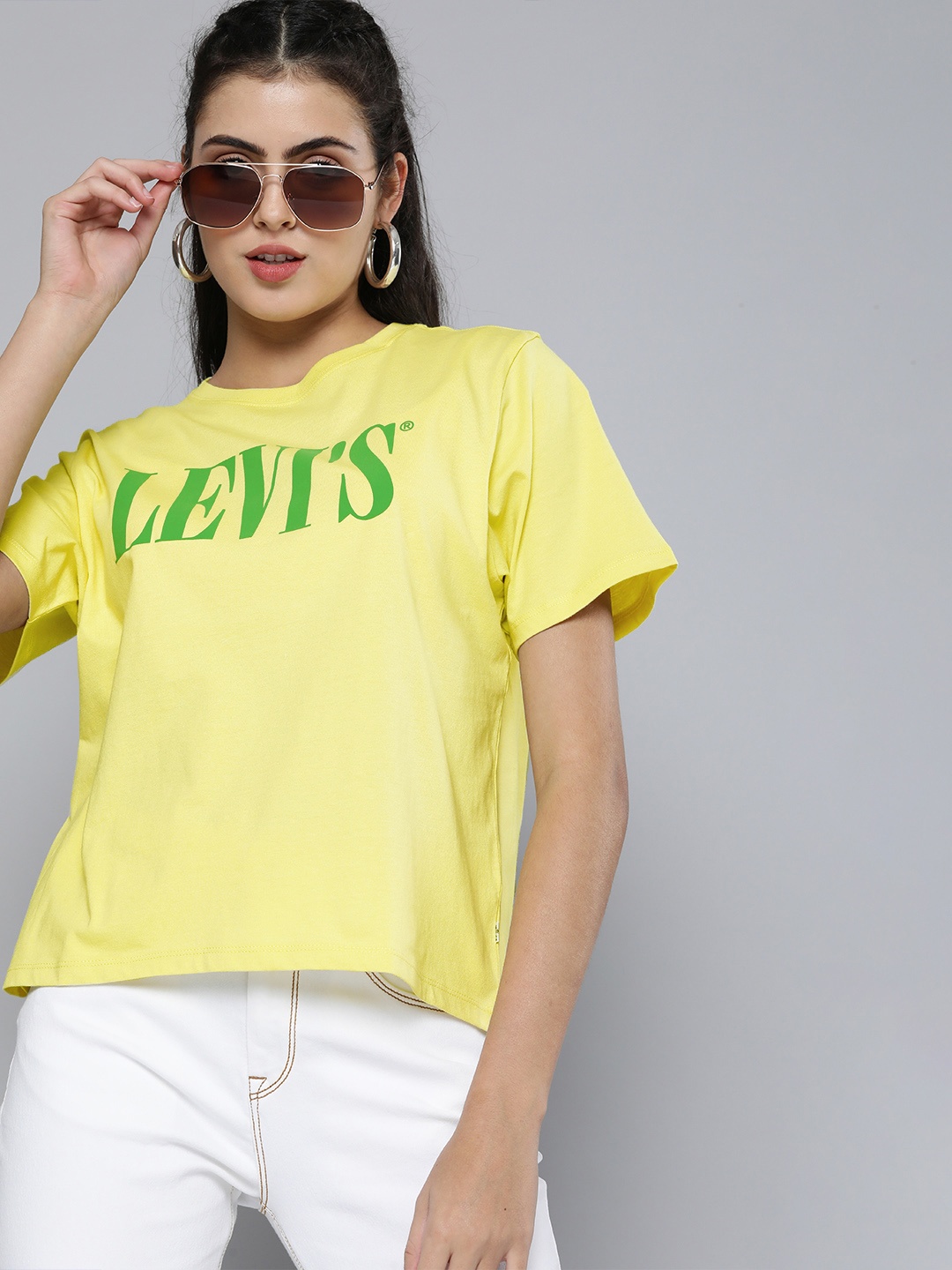 

Levis Women Pale Yellow Brand Logo Printed Pure Cotton T-shirt