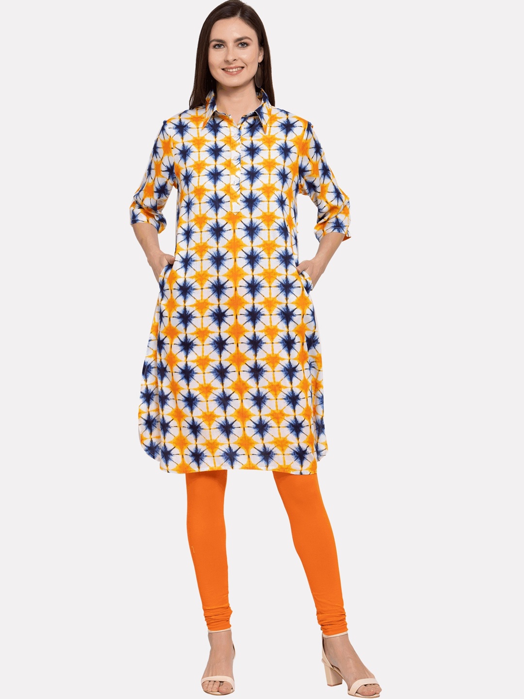 

KALINI Women Yellow & Blue Geometric Dyed Indie Prints Pathani Kurta