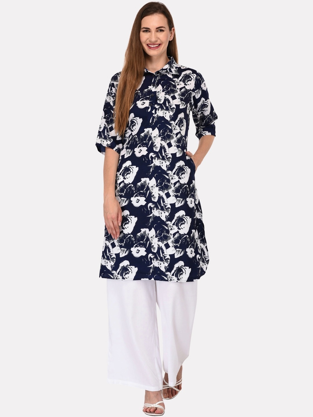 

KALINI Women Navy Blue Floral Printed Indigo Pathani Kurta