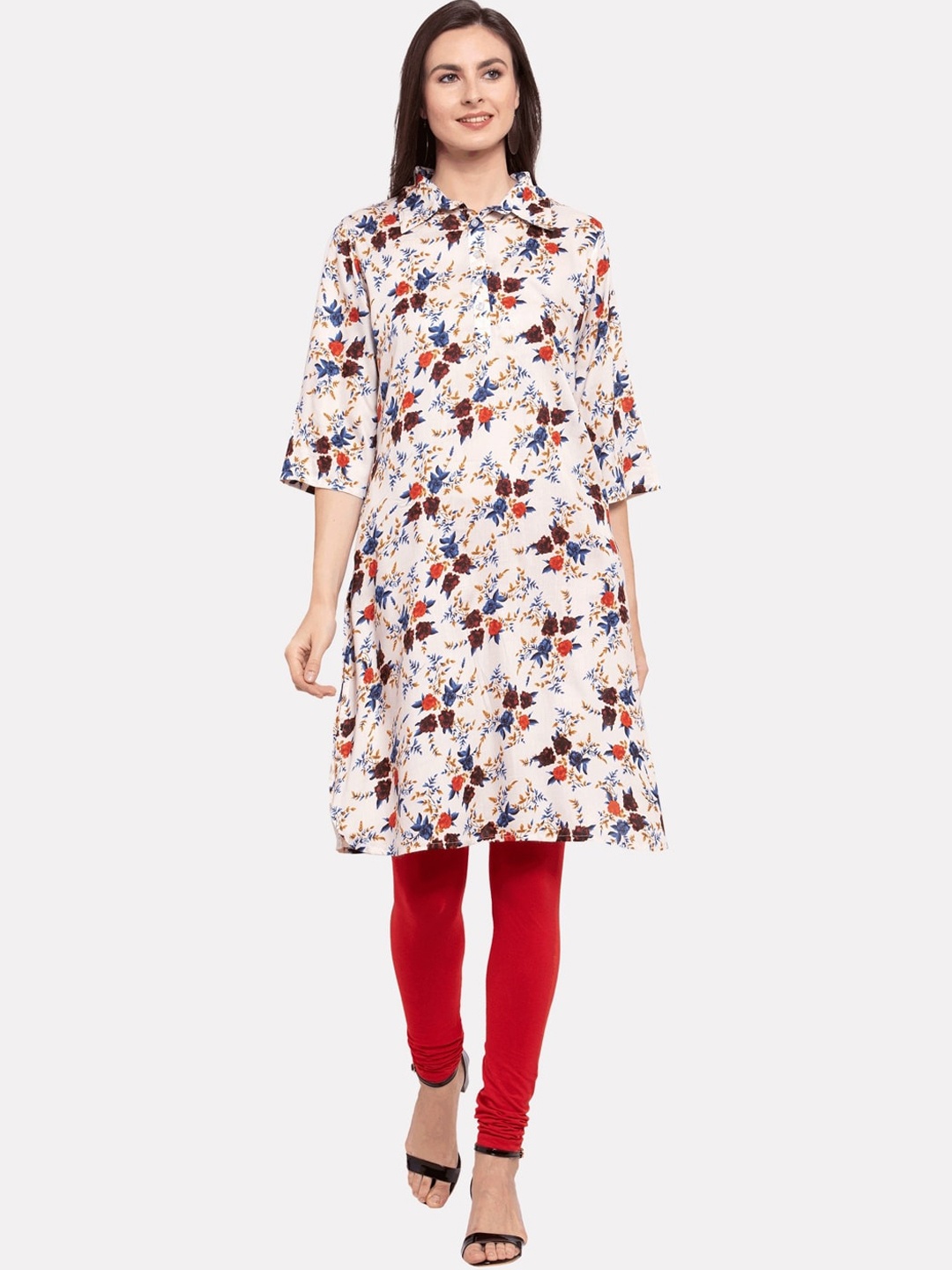 

KALINI Women Cream-Coloured & Red Floral Printed Cotton Kurta