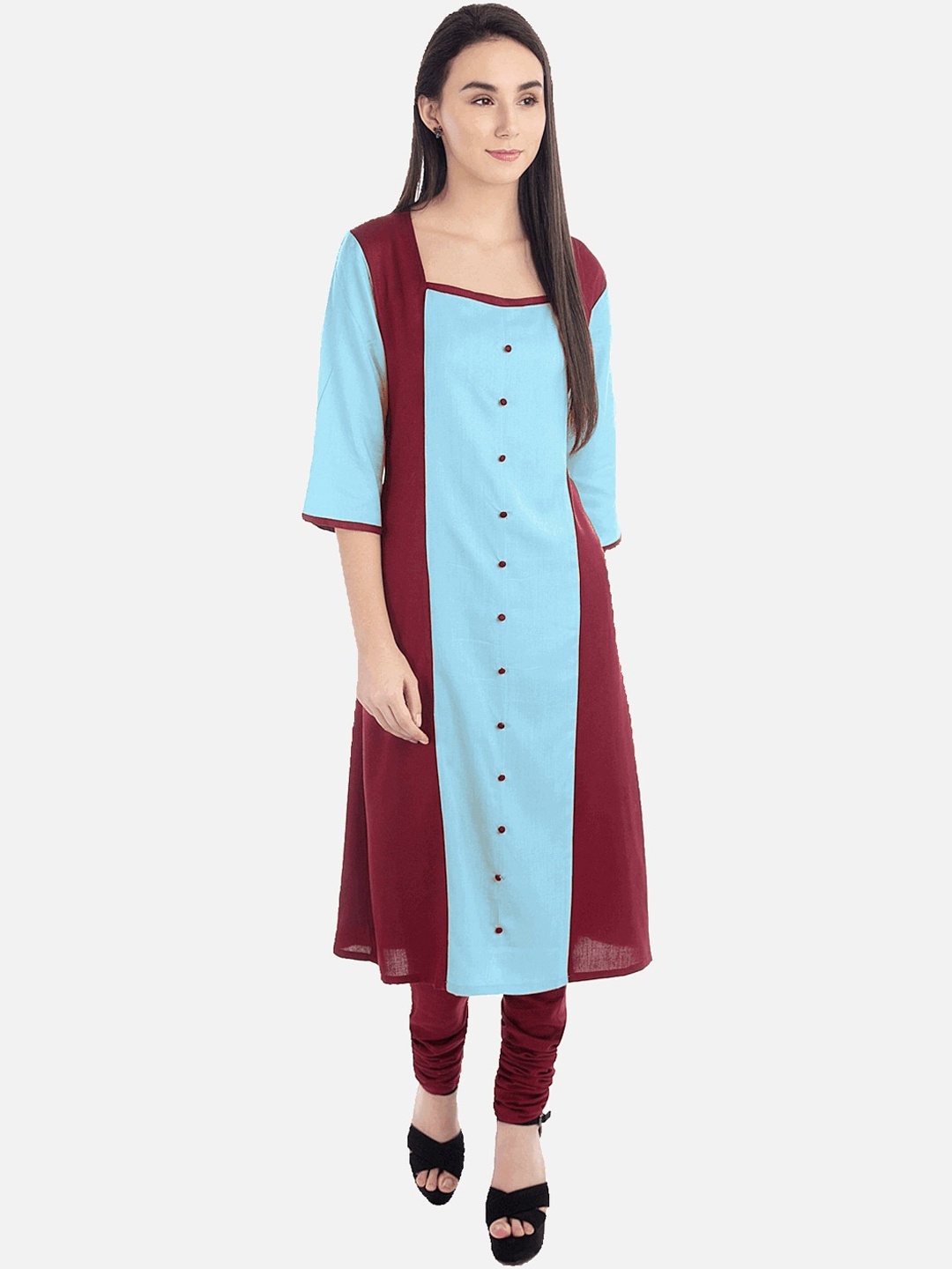 

KALINI Women Blue & Maroon Colourblocked Cotton Kurta
