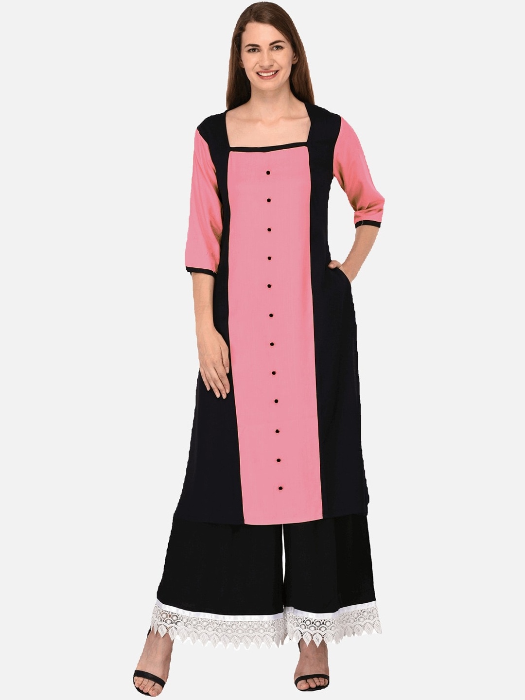 

KALINI Women Pink & Black Colourblocked Panelled Cotton Kurta