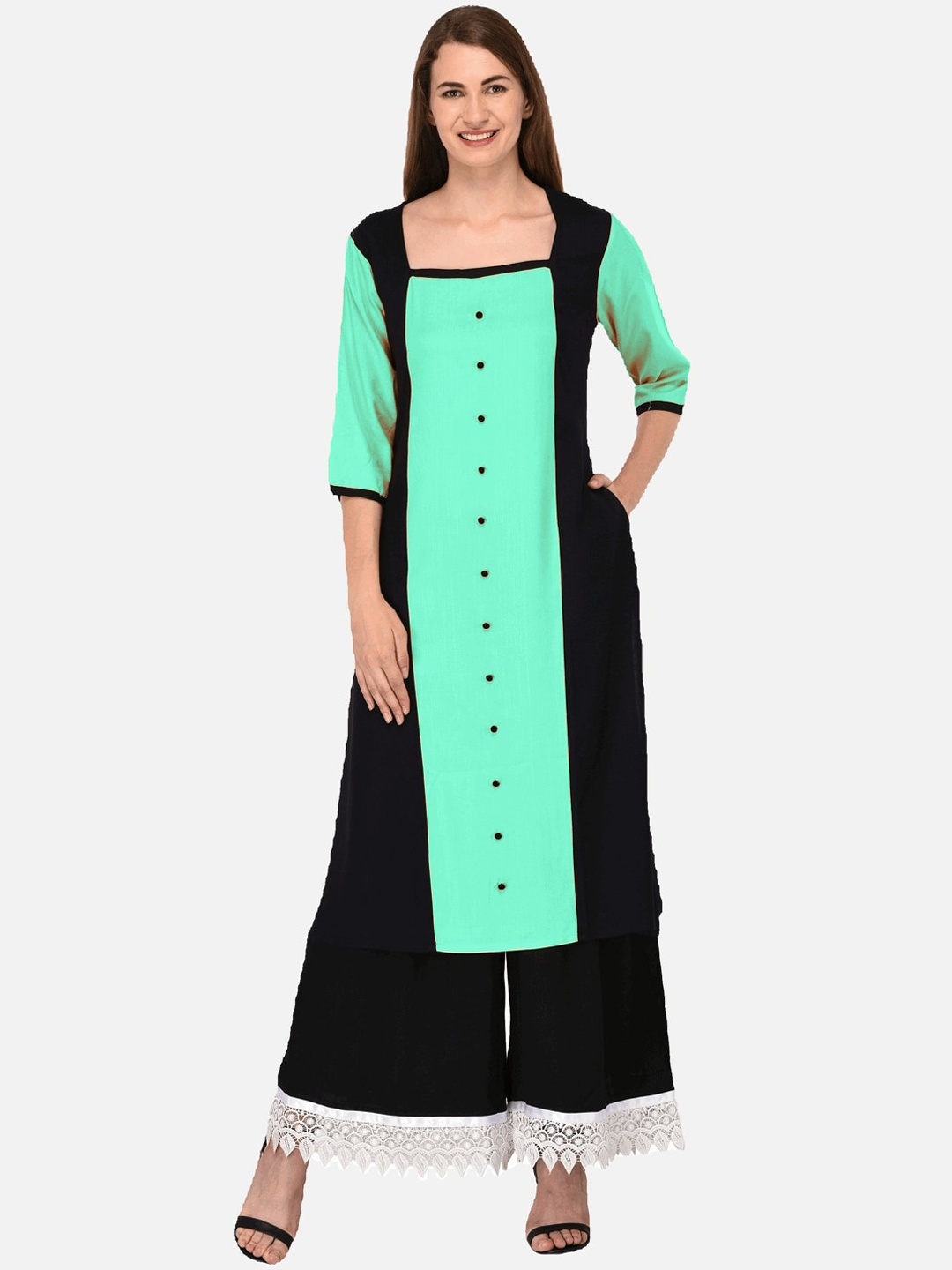 

KALINI Women Black & Green Colourblocked Kurta