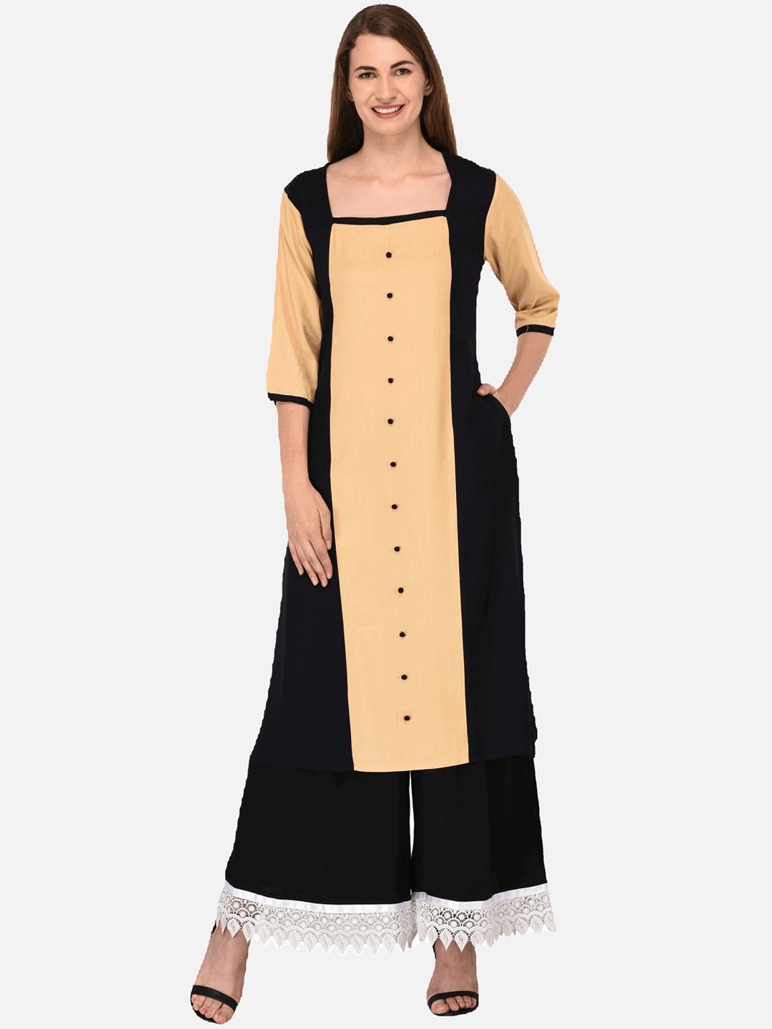 

KALINI Women Gold-Toned Colourblocked Kurta