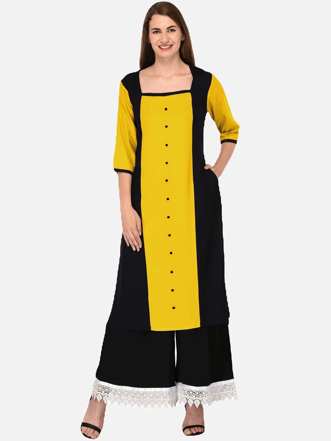 

KALINI Women Mustard Yellow & Black Colourblocked Kurta