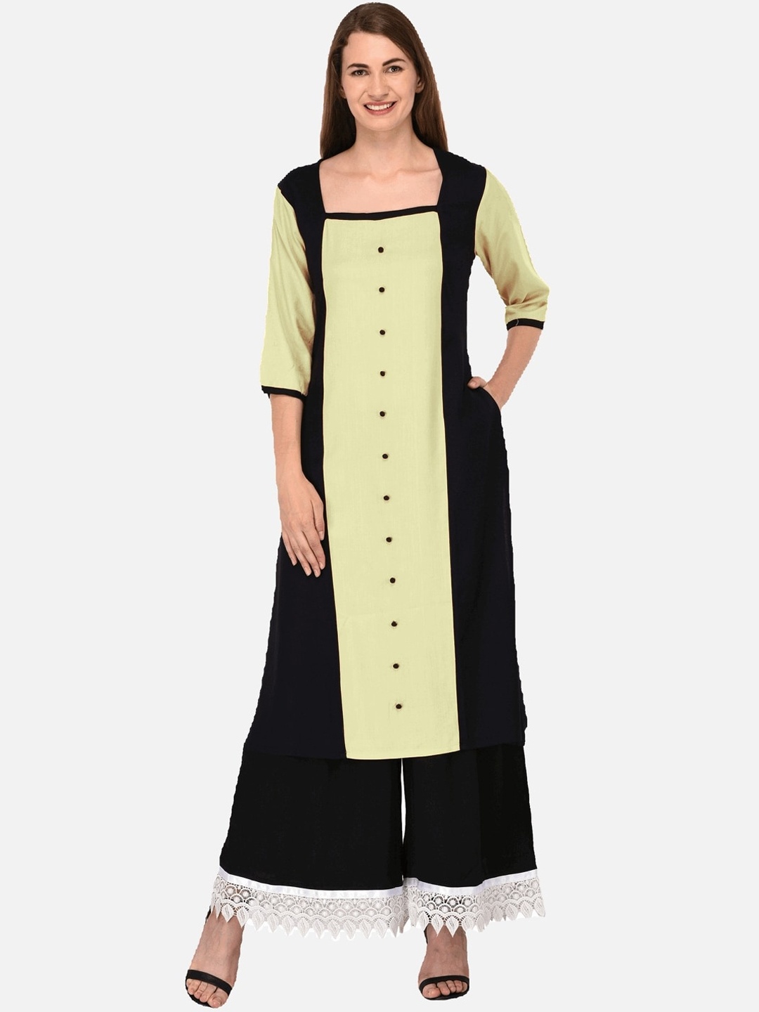 

KALINI Women Cream-Coloured & Black Colourblocked Panelled Cotton Kurta