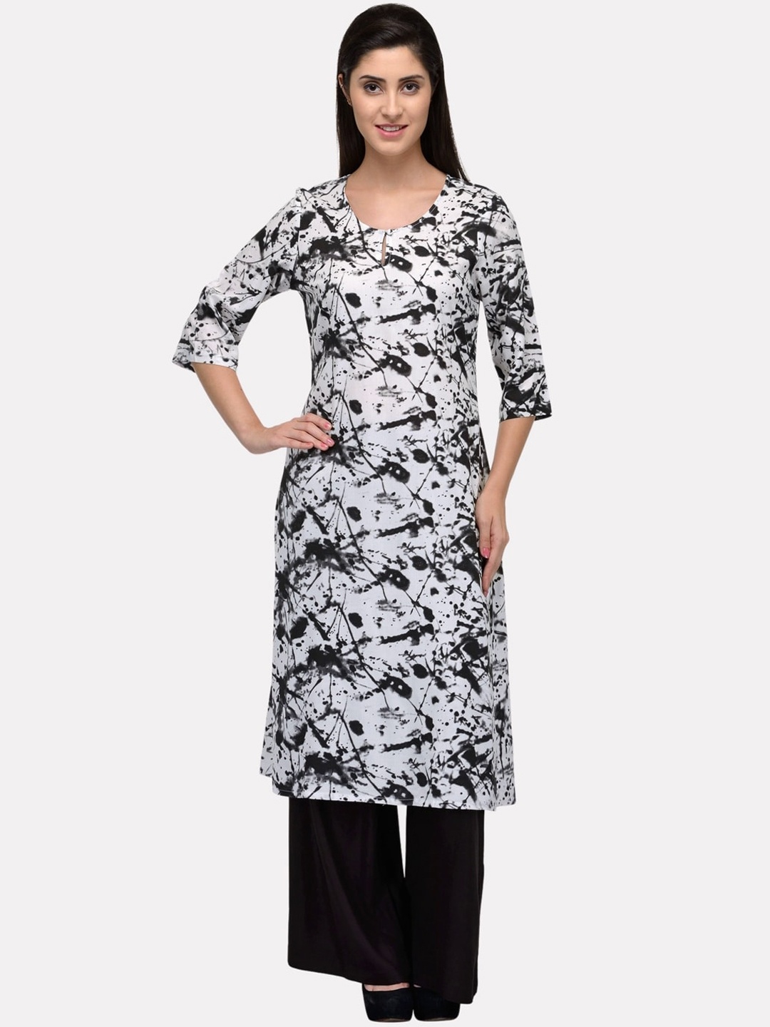 

KALINI Women White & Black Printed Keyhole Neck Kurta