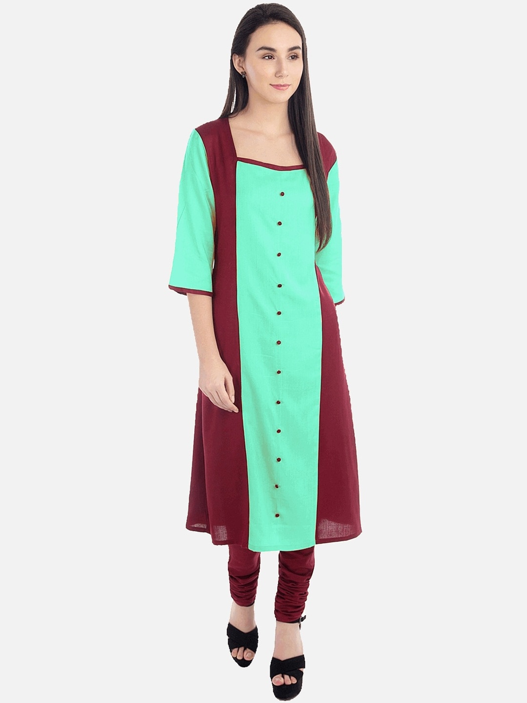 

KALINI Women Fluorescent Green & Maroon Colourblocked Cotton Kurta