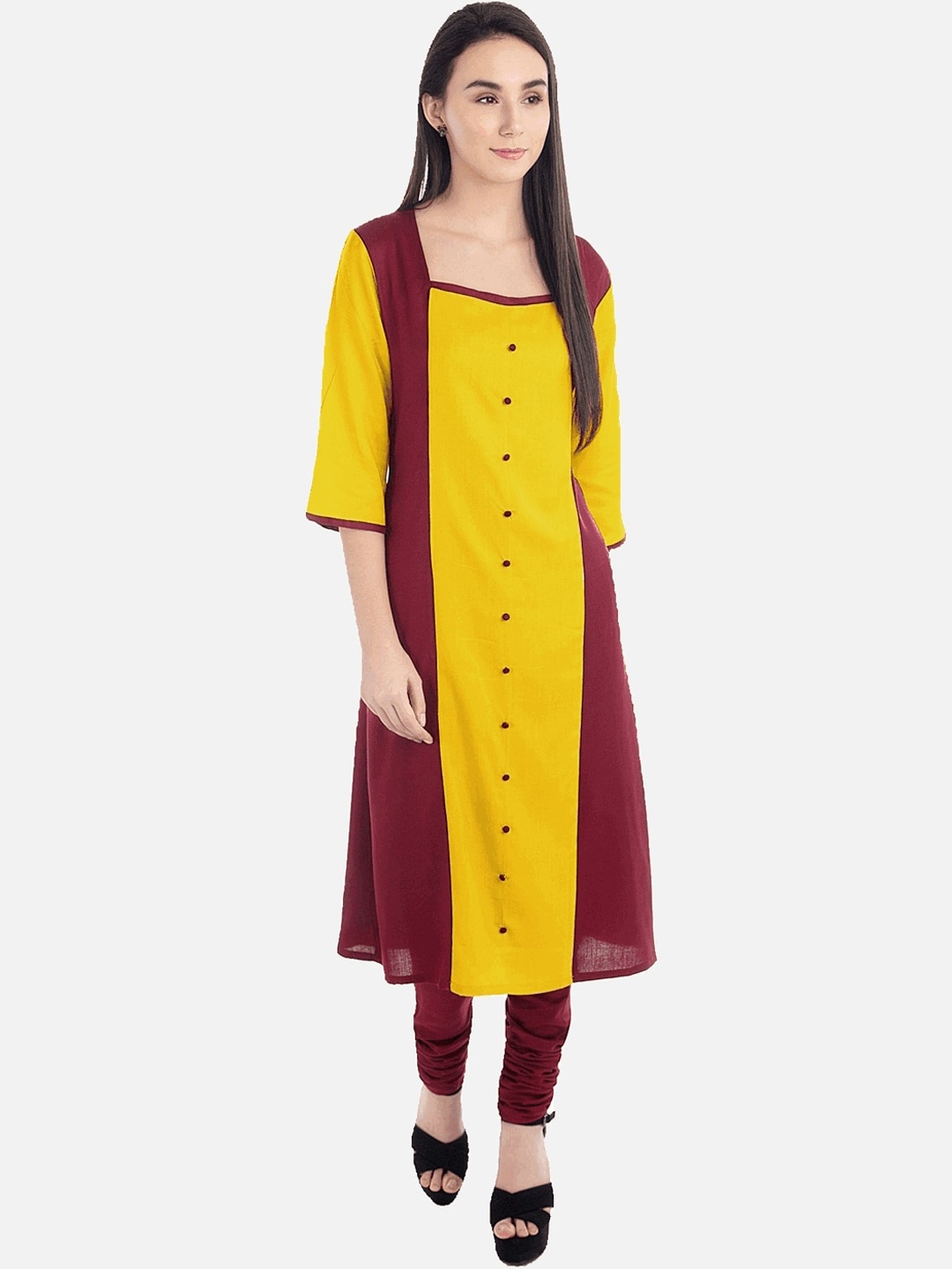 

KALINI Women Yellow & Maroon Colourblocked Flared Sleeves Thread Work Kurta