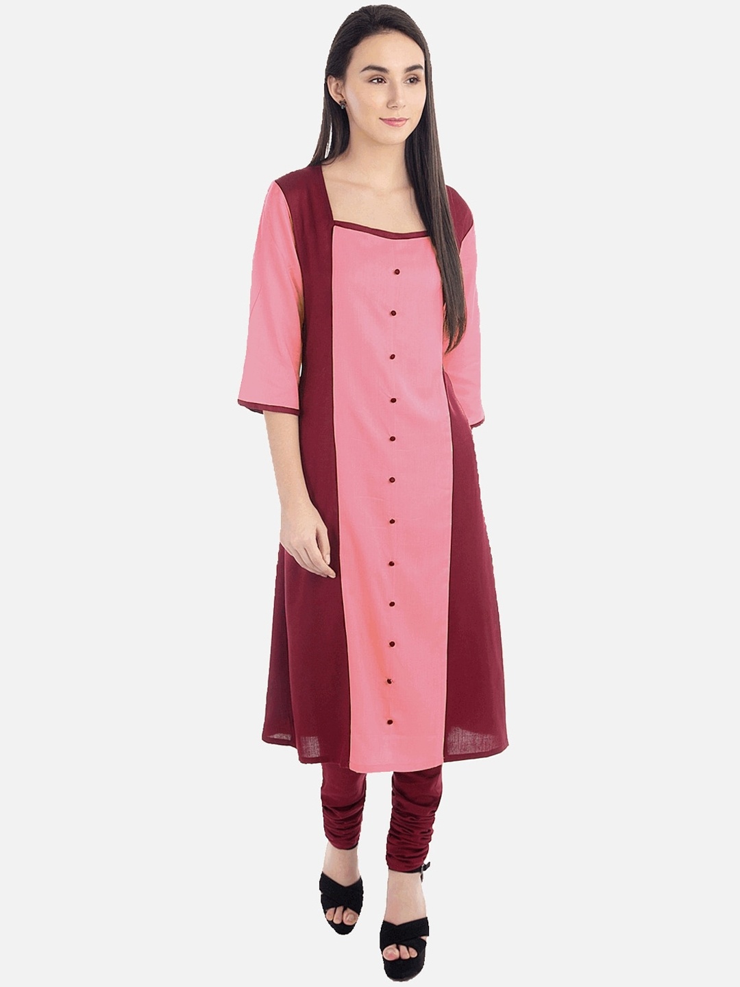 

KALINI Women Rose & Maroon Colourblocked Tiering Kurta