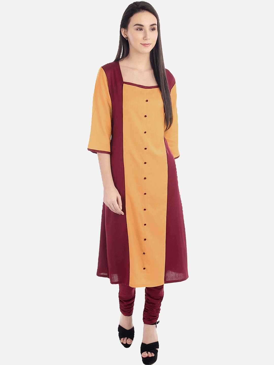 

KALINI Women Peach-Coloured & Maroon Panelled Cotton Kurta