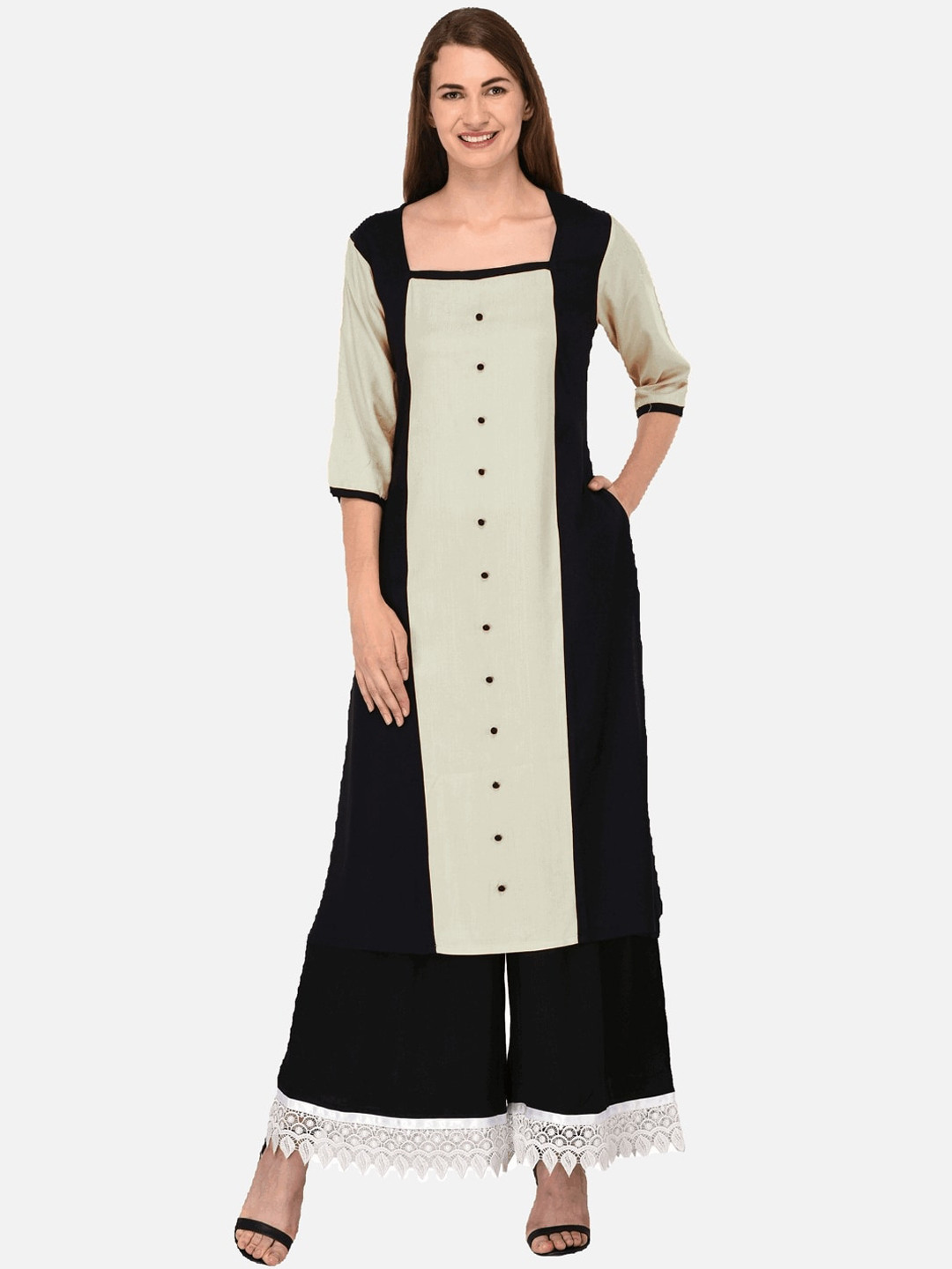 

KALINI Women Off White & Black Colourblocked Panelled Cotton Kurta