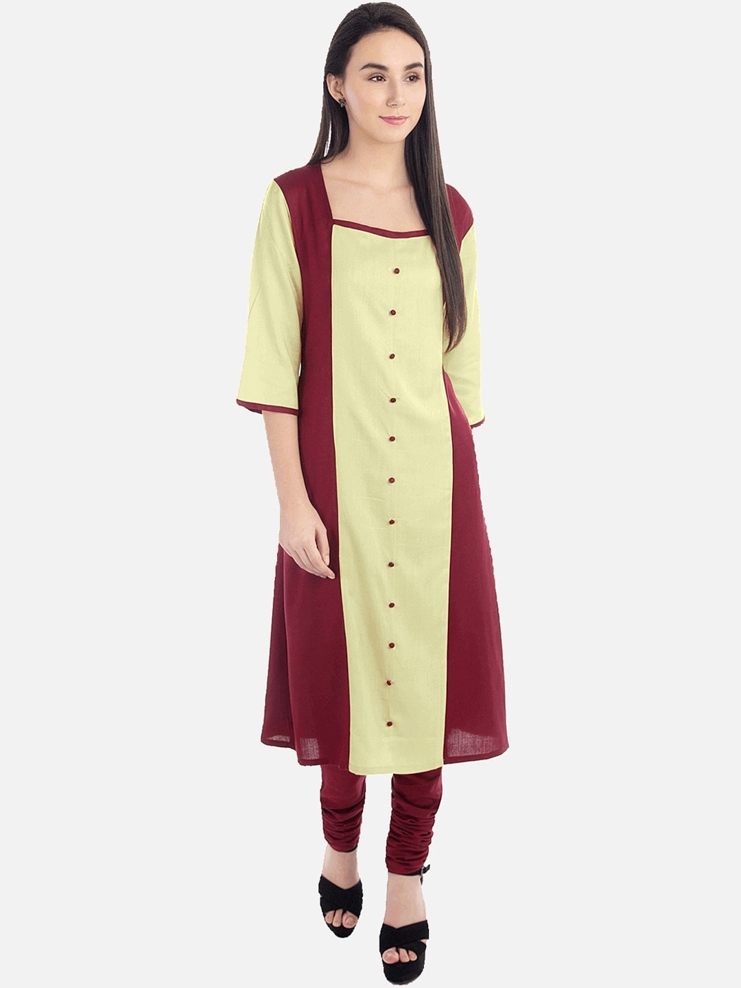 

KALINI Women Cream-Coloured & Maroon Colourblocked Panelled Cotton Kurta