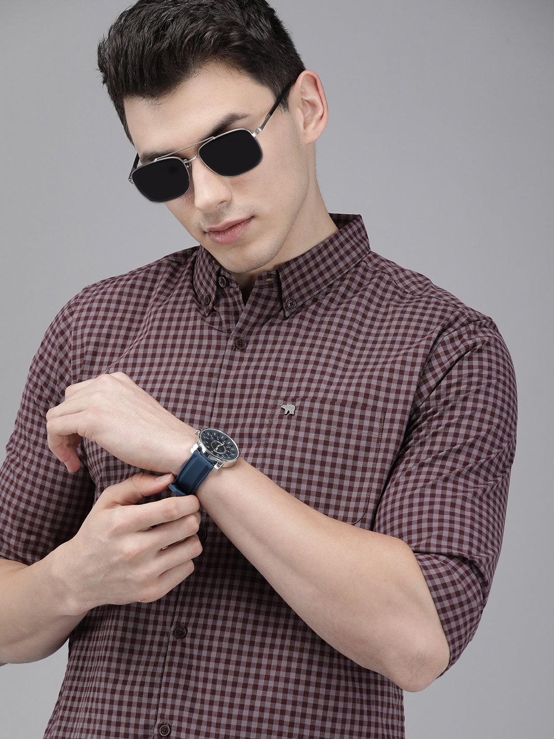 

THE BEAR HOUSE Men Maroon & Pink Slim Fit Gingham Checked Cotton Shirt