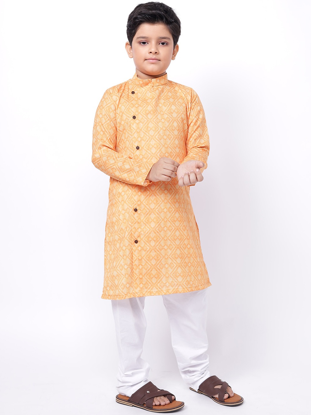 

NAMASKAR Boys Orange Ethnic Motifs Thread Work Block Print Kurta