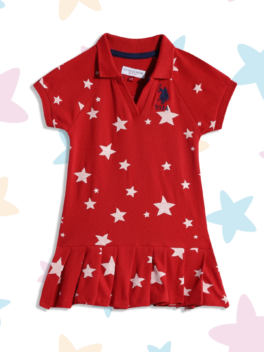 

U.S. Polo Assn. Kids Girls Red Printed Pure Cotton Pleated T-shirt Dress