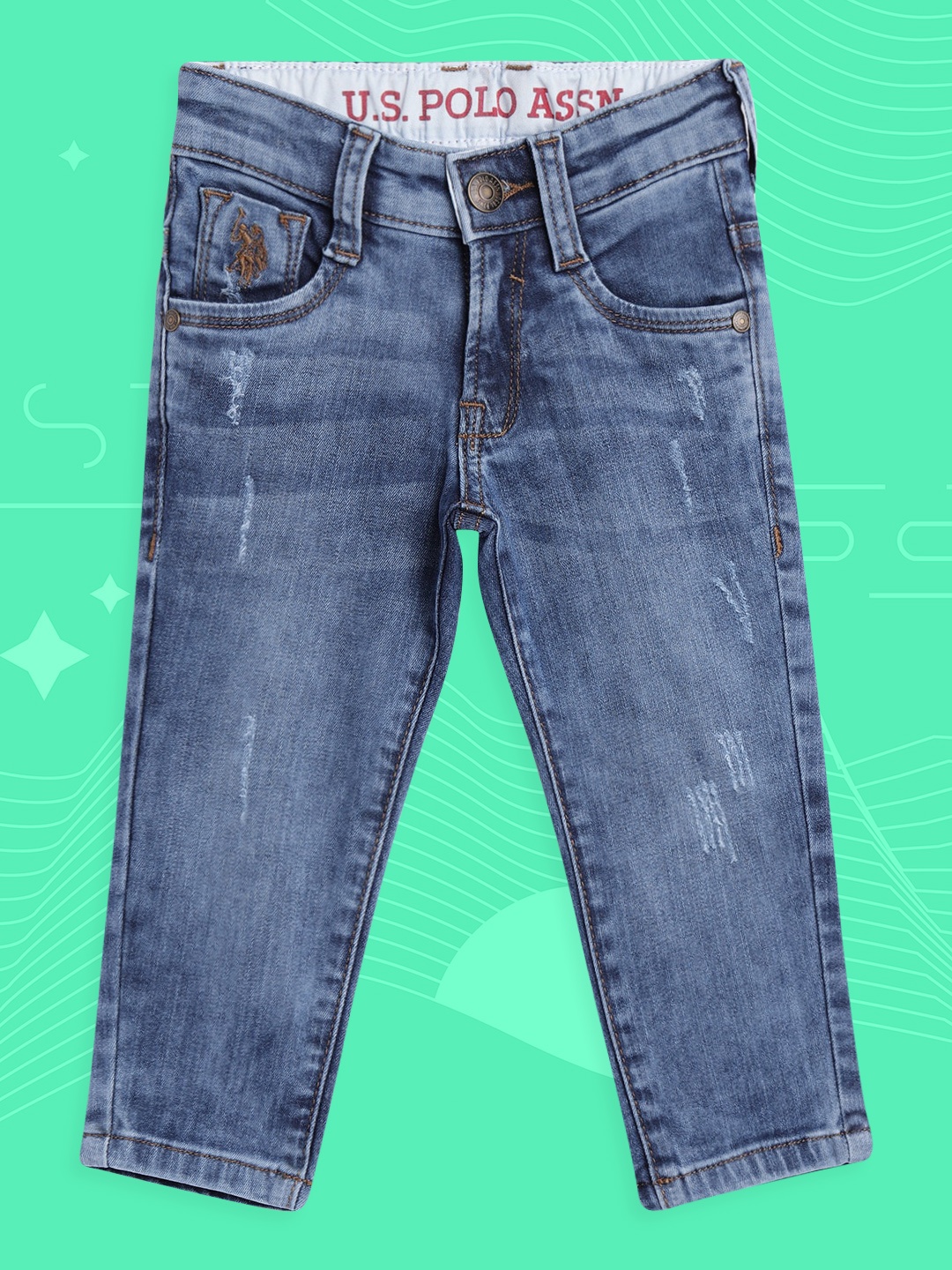 

U.S. Polo Assn. Kids Boys Blue Skinny Fit Mildly Distressed Heavy Fade Stretchable Jeans