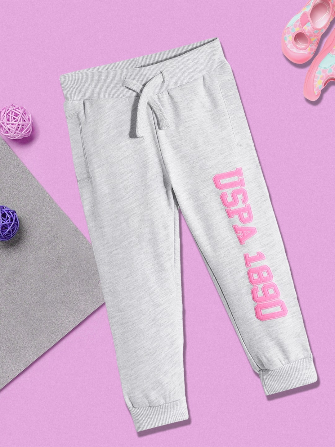 

U.S. Polo Assn. Kids Girls Grey Melange & Pink Brand Logo Printed Joggers
