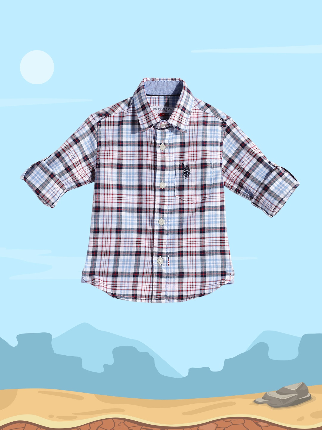 

U.S. Polo Assn. Kids Boys Off White & Blue Checked Pure Cotton Casual Shirt