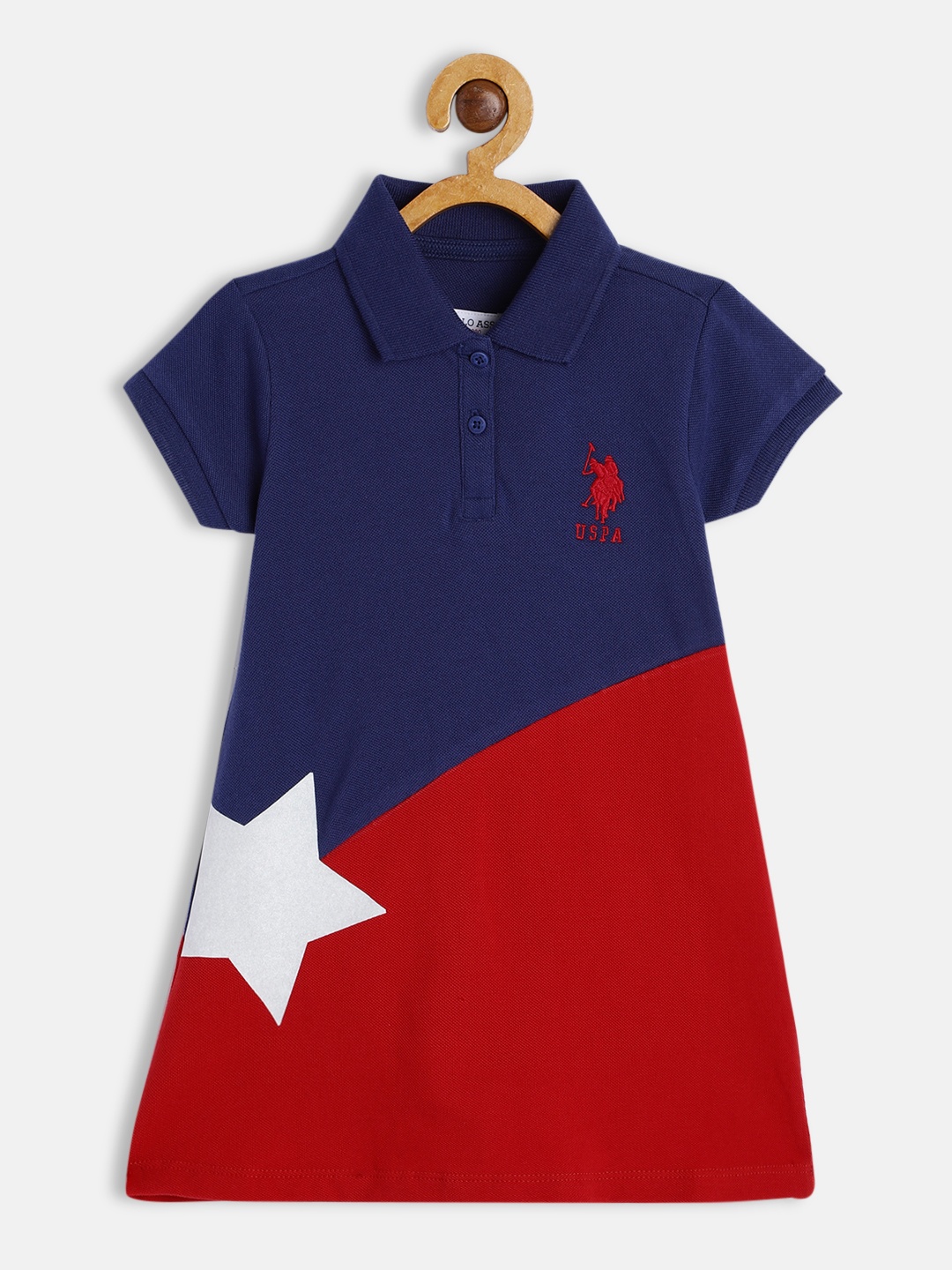 

U.S. Polo Assn. Kids Navy Blue & Red Colourblocked Applique Pure Cotton A-Line Dress