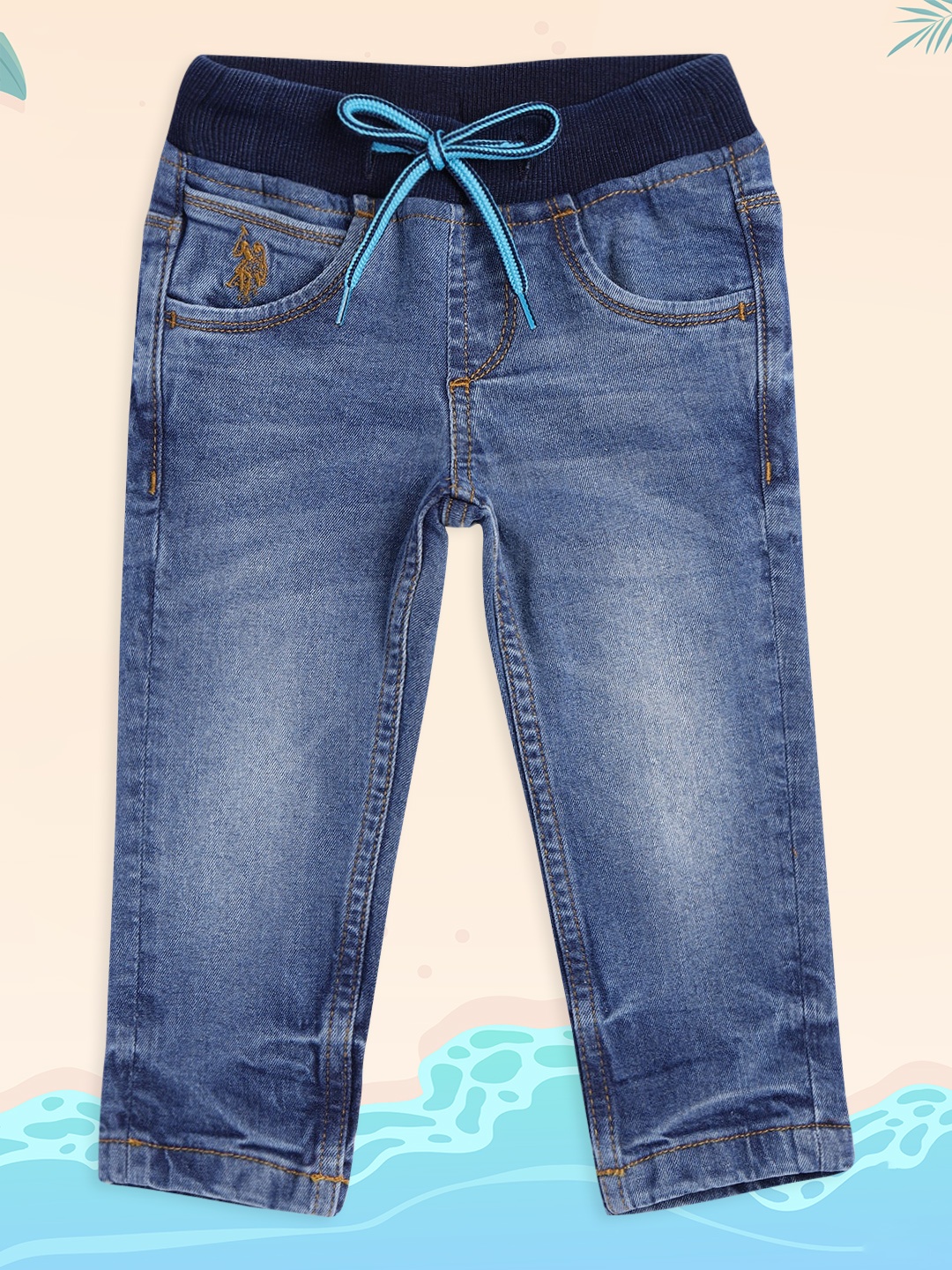 

U.S. Polo Assn. Kids Boys Blue Slim Fit Mid-Rise Light Fade Clean Look Stretchable Jeans