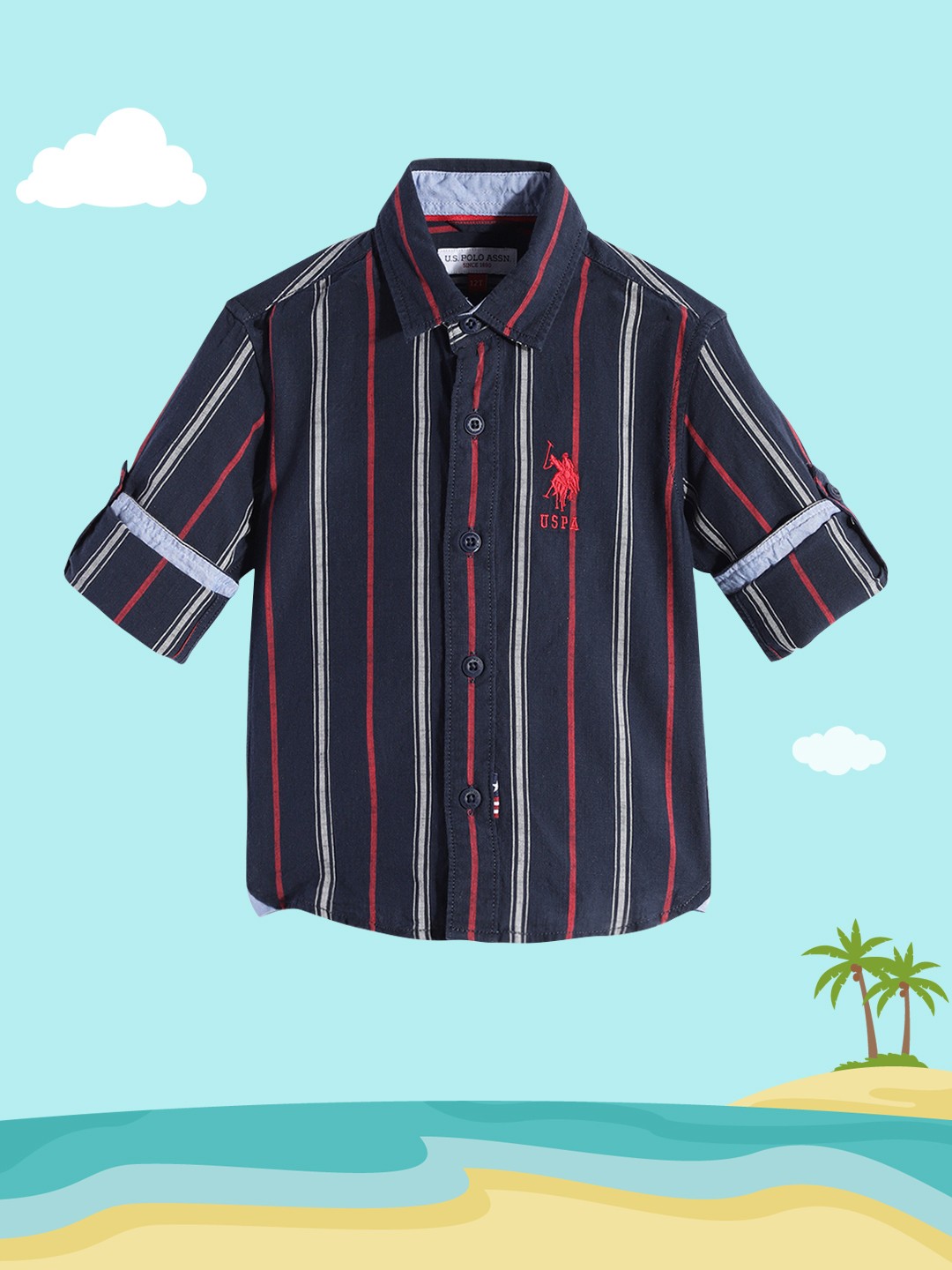 

U.S. Polo Assn. Kids Boys Navy Blue Striped Pure Cotton Casual Shirt