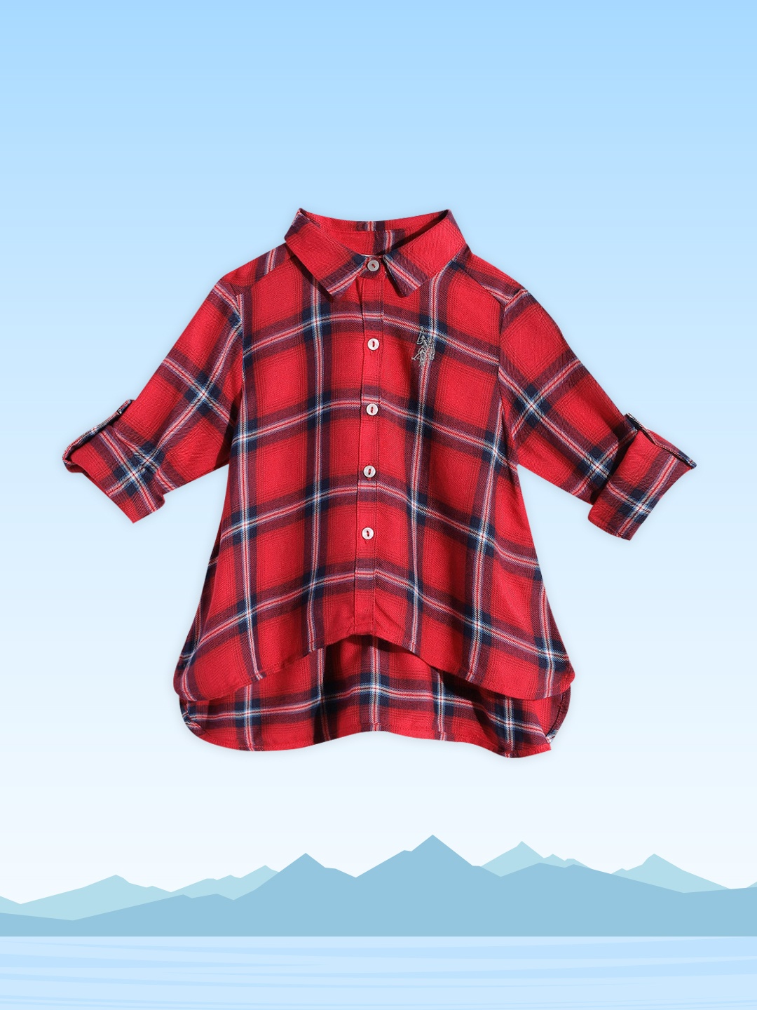

U.S. Polo Assn. Kids Girls Red Checked Roll-Up Sleeves Shirt Style Longline Top