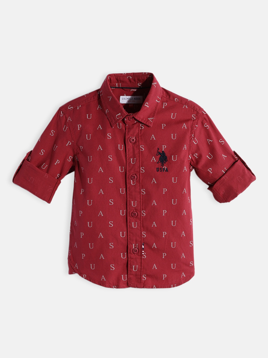 

U.S. Polo Assn. Kids Boys Red Typography Printed Pure Cotton Denim Casual Shirt