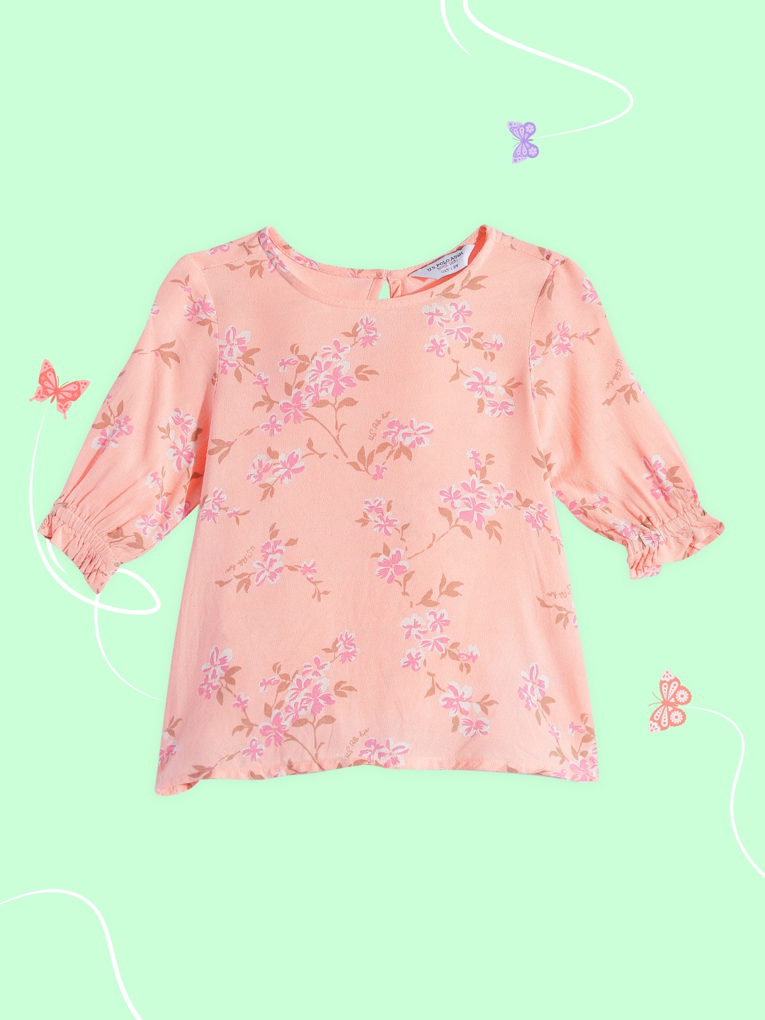

U.S. Polo Assn. Kids Girls Peach-Coloured & Pink Floral Print Top