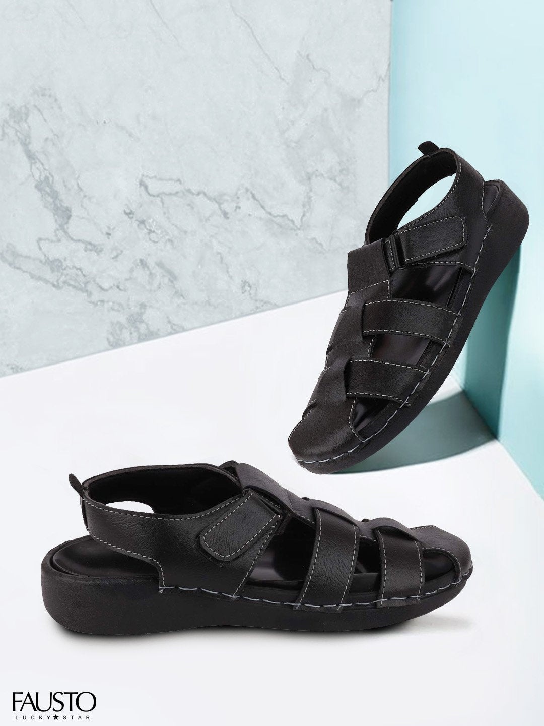 

FAUSTO Men Black Solid PU Fisherman Sandals