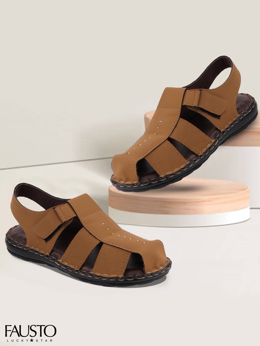 

FAUSTO Men Tan PU Fisherman Sandals