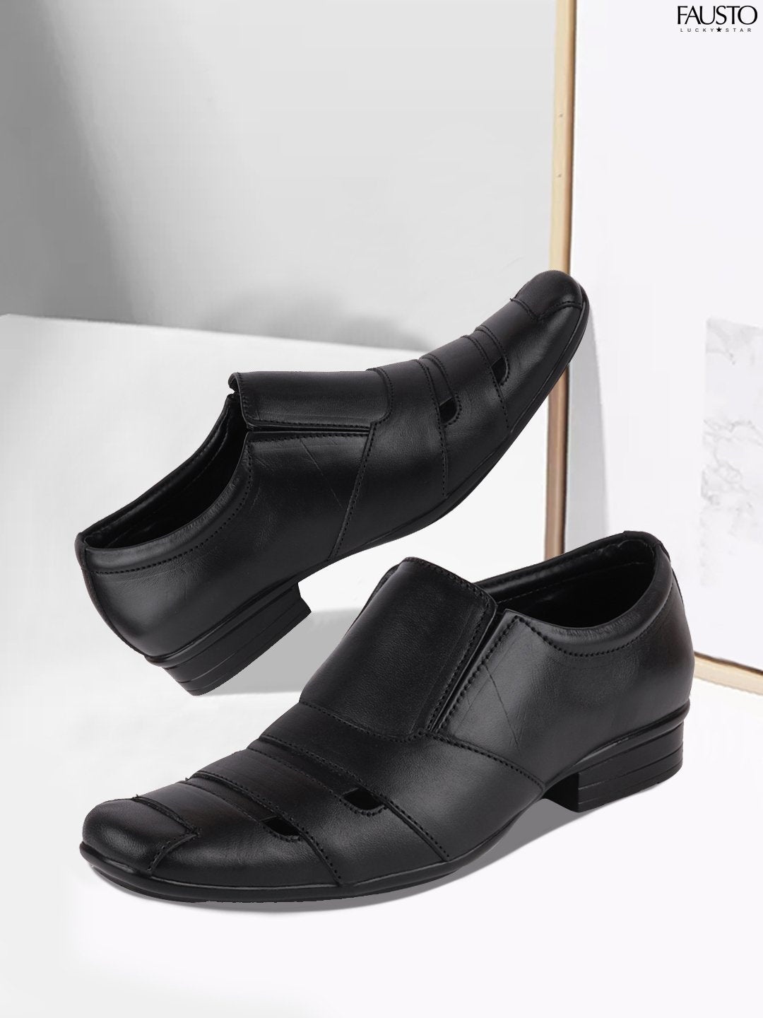 

FAUSTO Men Black Solid Leather Slip Ons