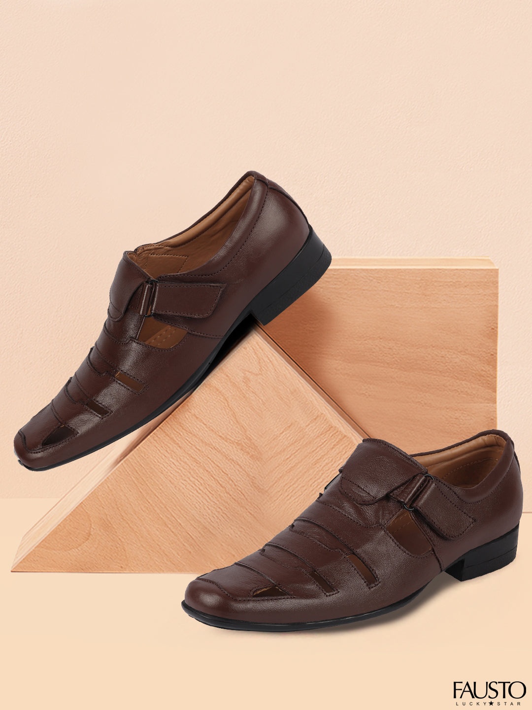 FAUSTO Men Brown Leather Shoe-Style Sandals