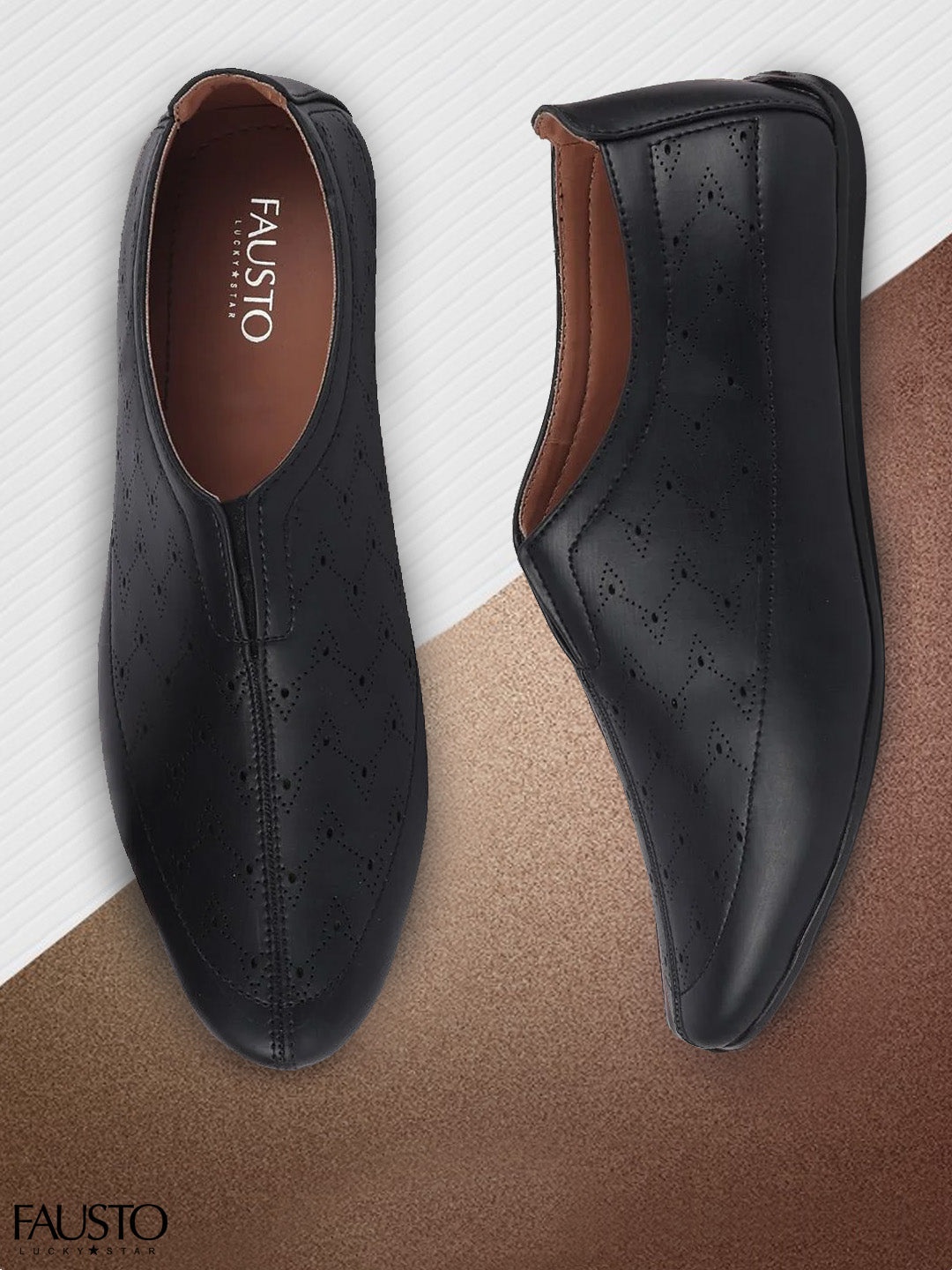 FAUSTO Men Black Perforations PU Slip-On Sneakers