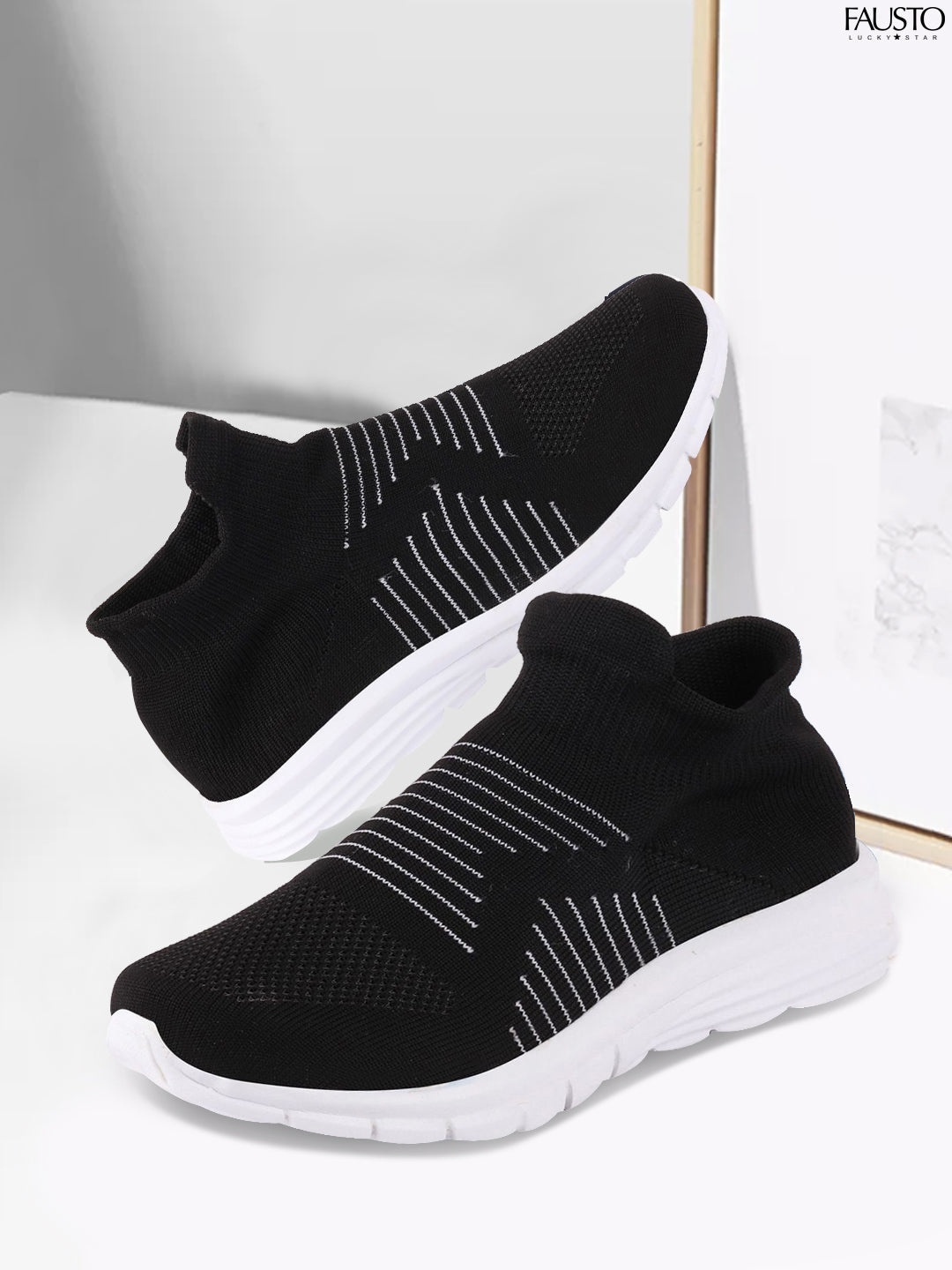 

FAUSTO Men Black & White Mesh Non-Marking Slip-On Walking Shoes