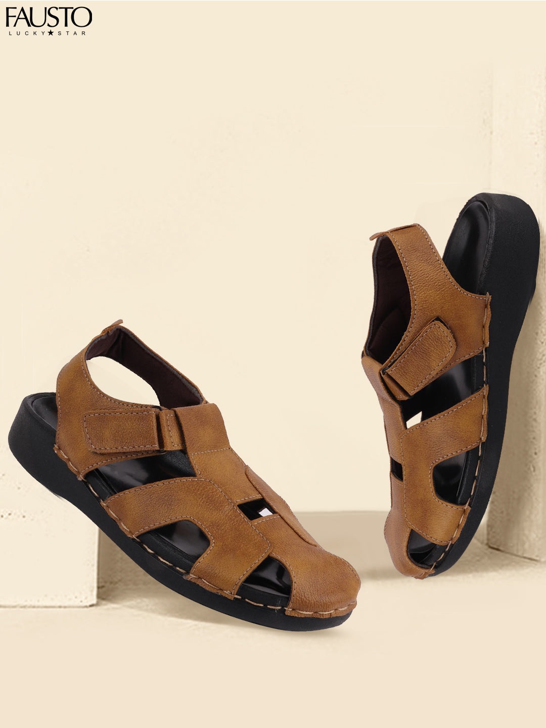 

FAUSTO Men Tan Brown Fisherman Sandals