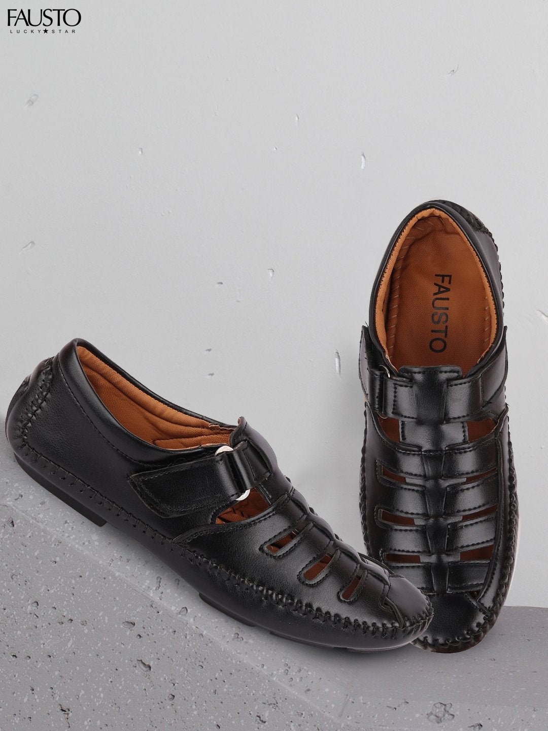 

FAUSTO Men Black Solid Shoe-Style Sandals