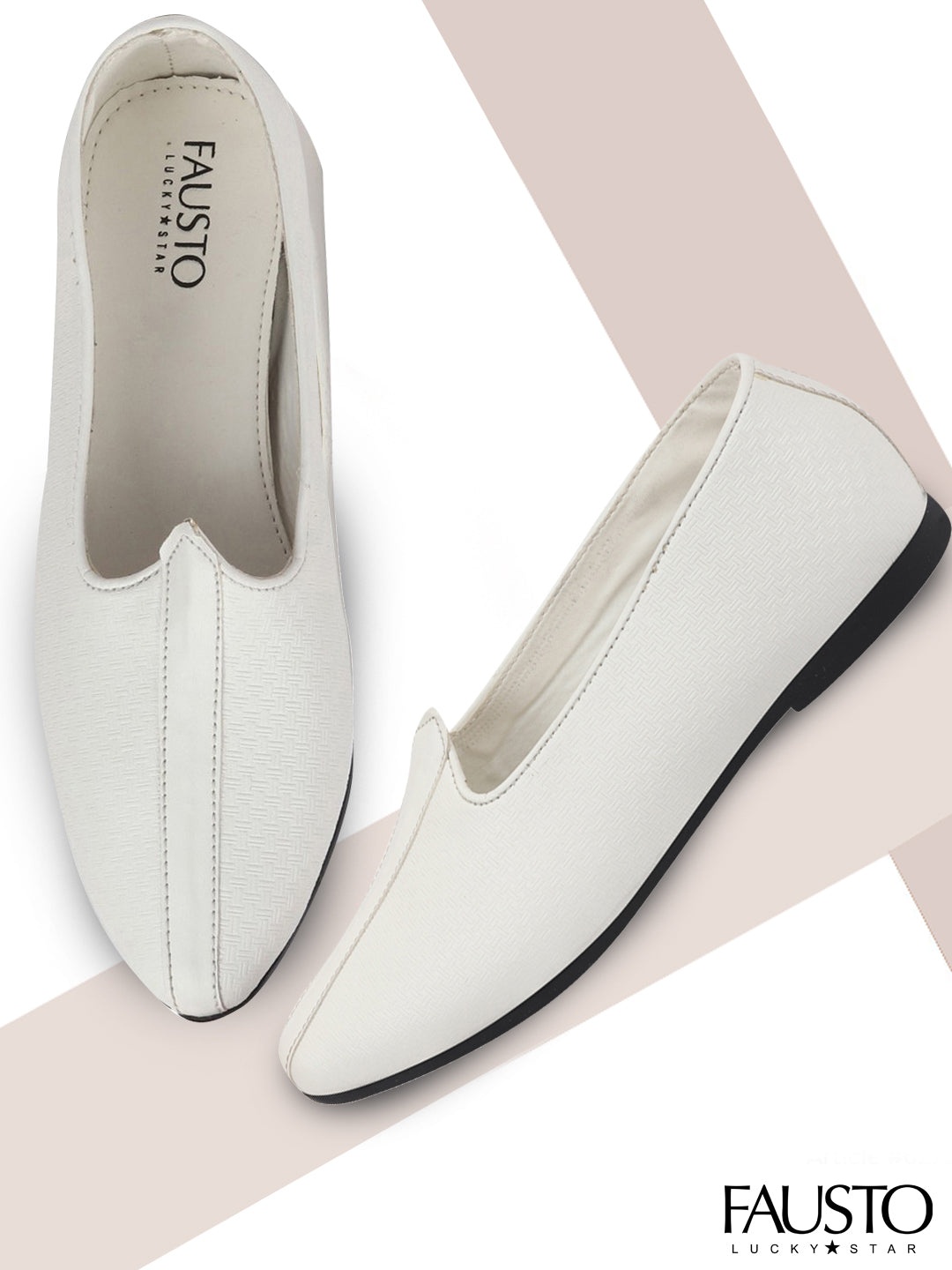 FAUSTO Men White Textured Lightweight PU Mojaris