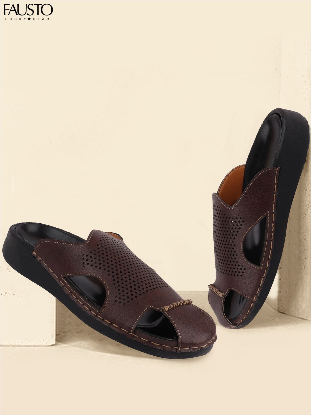 

FAUSTO Men Brown PU Leather Comfort Sandals