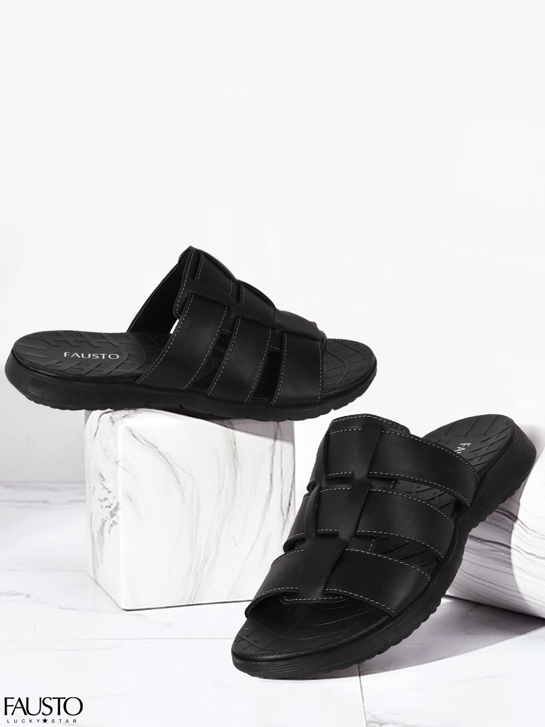 

FAUSTO Men Black solid Comfort Sandals