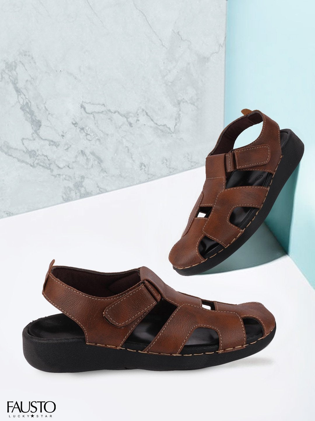 

FAUSTO Men Brown & Black PU Fisherman Sandals