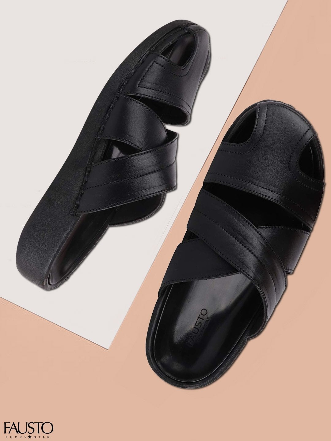 

FAUSTO Men Black Leather Comfort Sandals