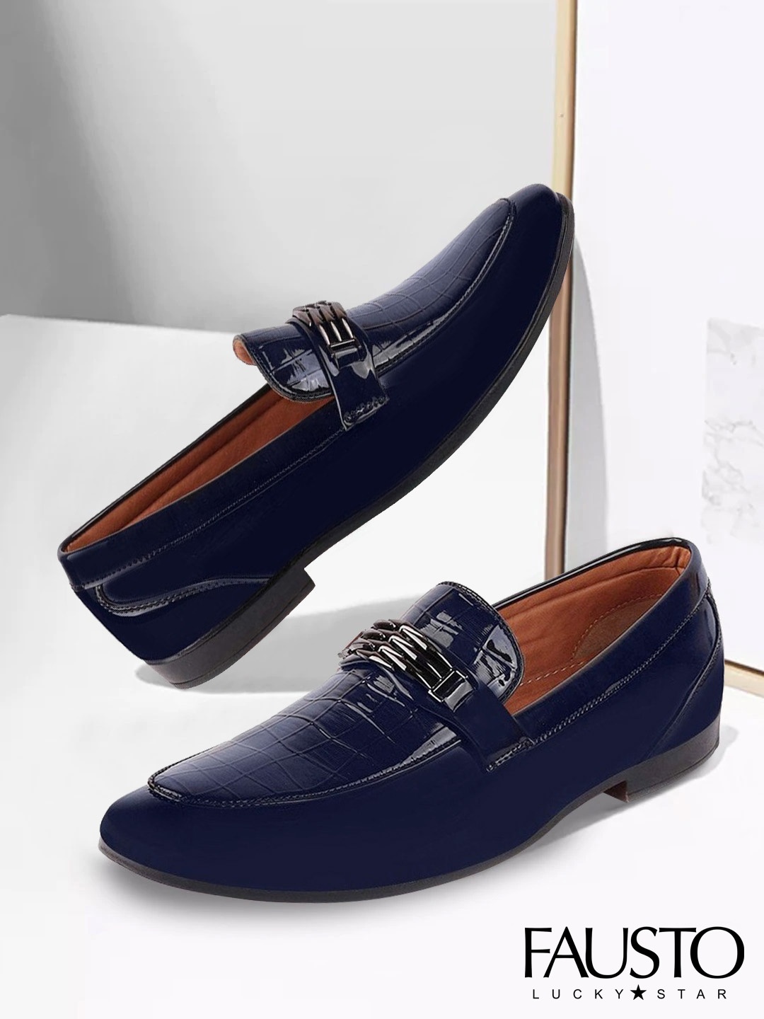 

FAUSTO Men Blue Patent Leather Lightweight Slip-On Loafers