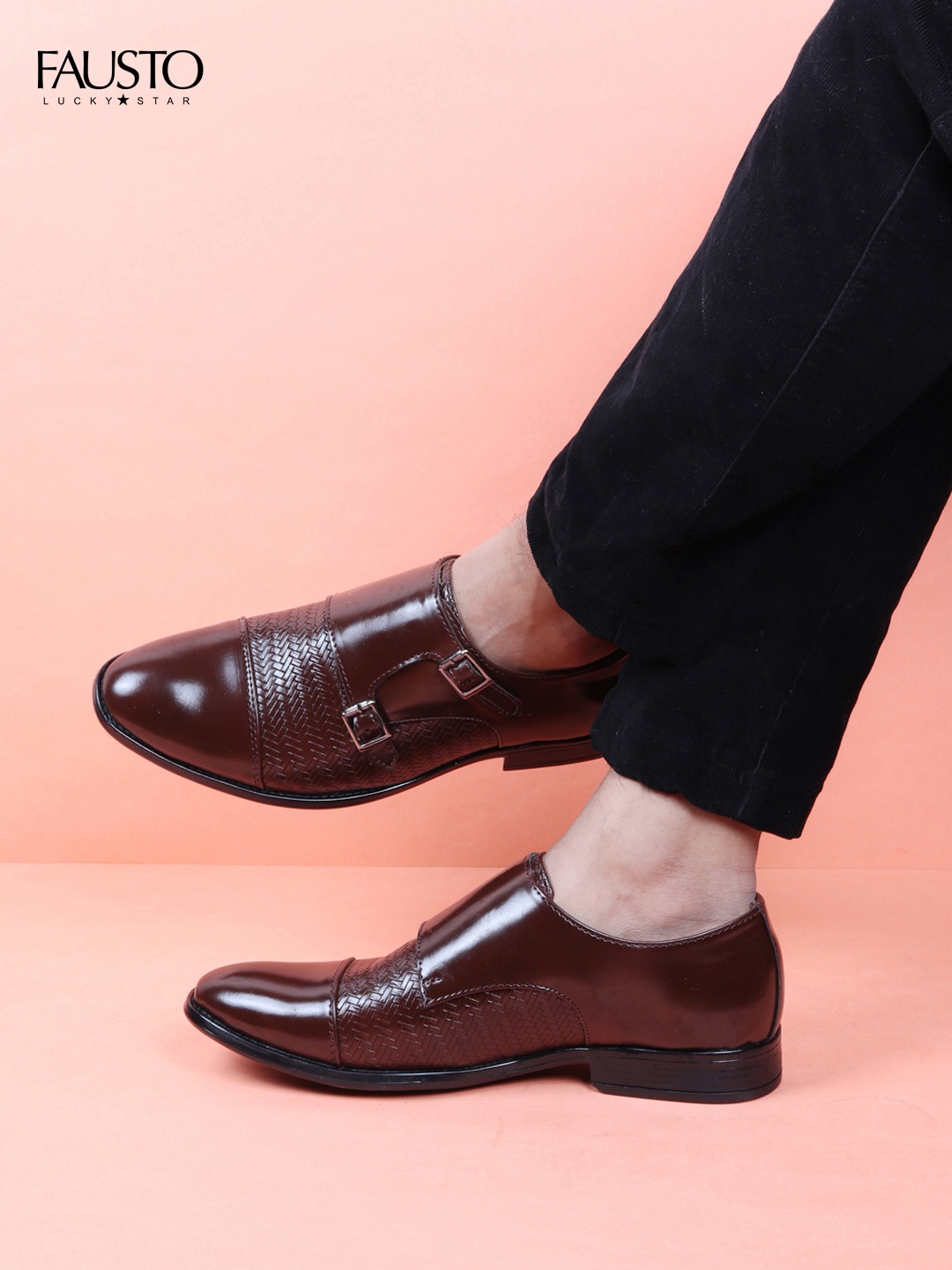 

FAUSTO Men Brown Textured Lightweight PU Monks