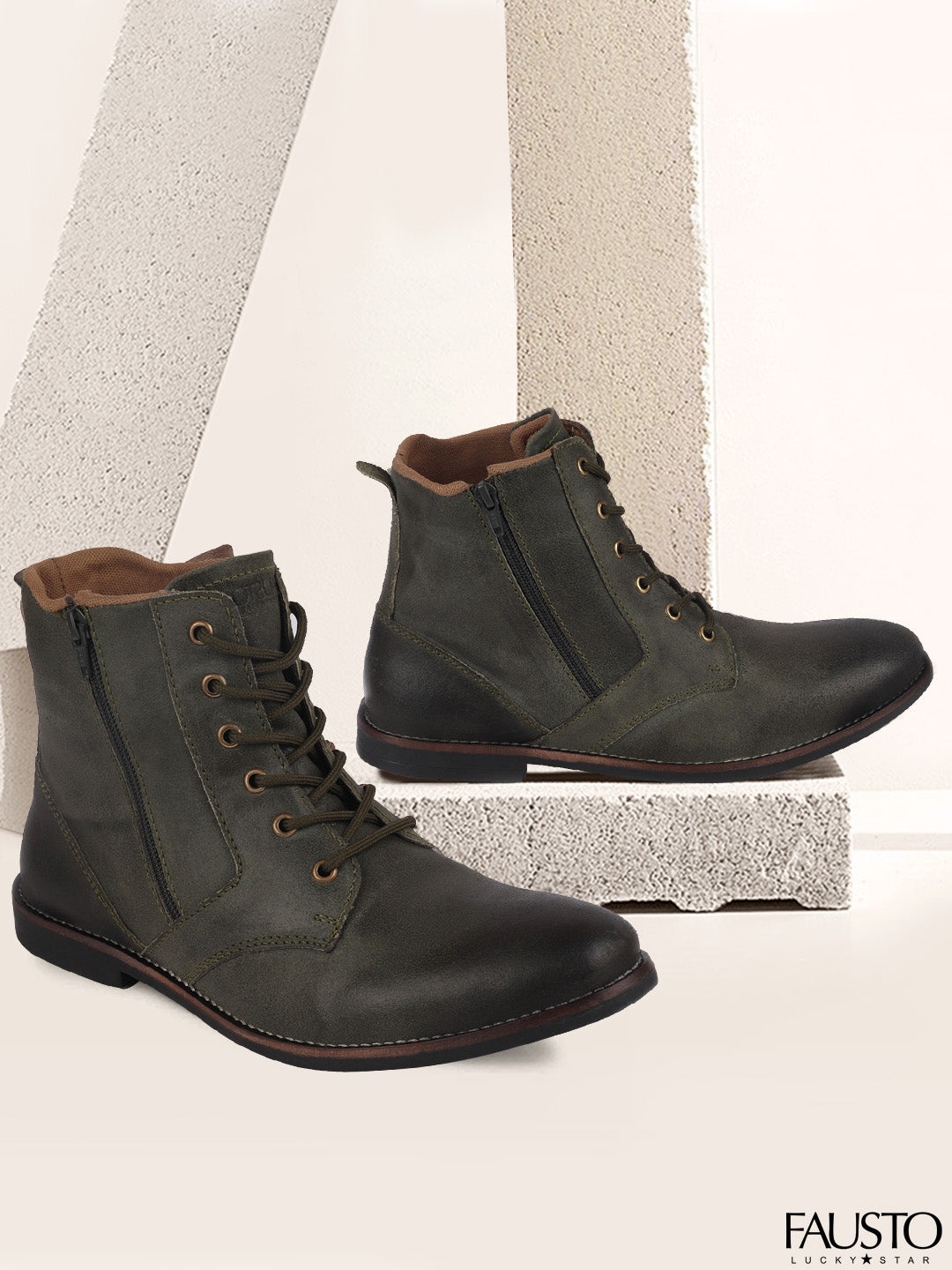 

FAUSTO Men Olive Green Leather High-Top Lightweight Flat Boots