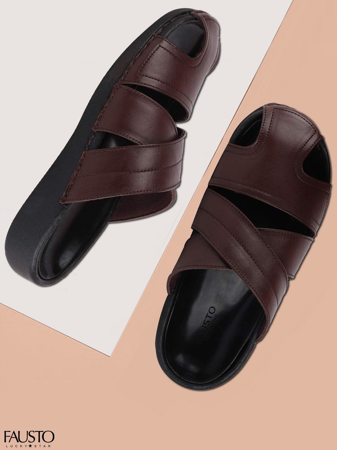

FAUSTO Men Brown & Black Solid Leather Comfort Sandals