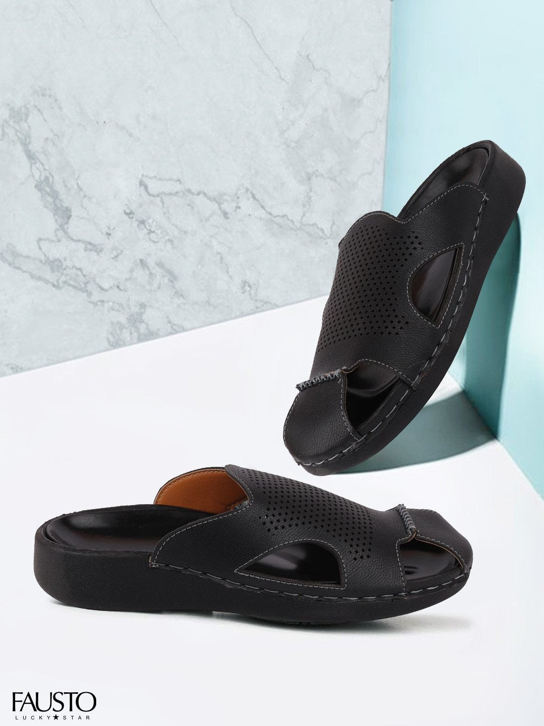 

FAUSTO Men Black PU Slip On Fisherman Sandals